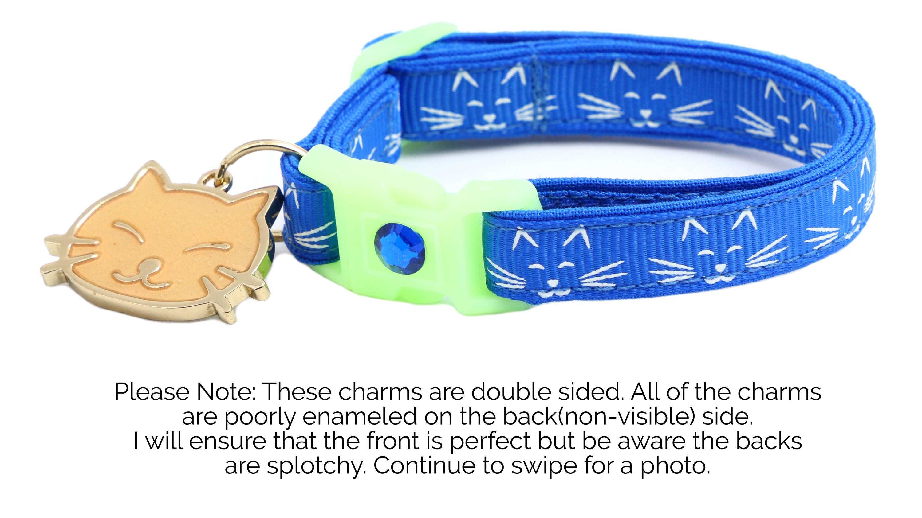 A glowing cat faces breakaway collar made of reinforced cotton, featuring a bell and charm, perfect for nighttime visibility.